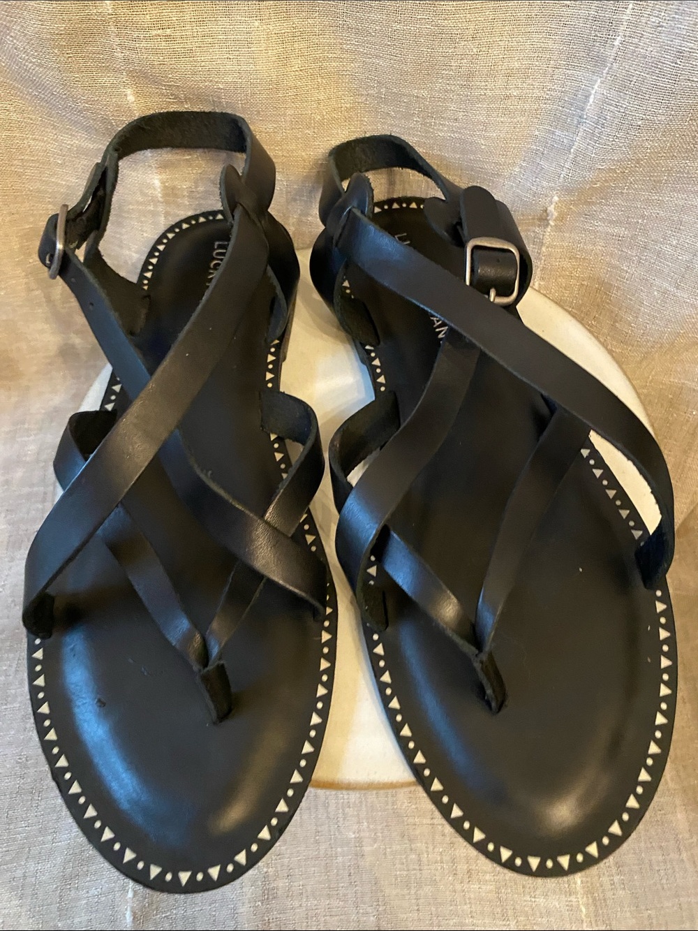 Lucky Brand Black Leather Crisscross Ankle Strap Sandals